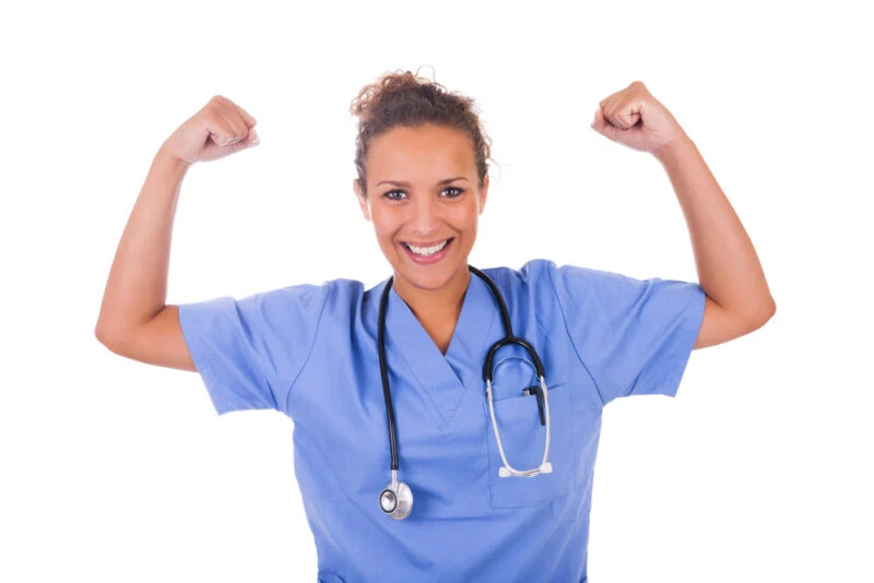 Young nurse with stethoscope isolated on white background Future registered nurses participating in NCLEX RN prep with experienced instructors at Aceso Institute of Health Professions, offering Hybrid and Virtual Review Courses to help you pass the NCLEX.