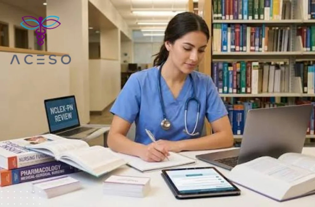 Nursing graduate using practice questions to study for the NCLEX before their test date with guidance from Aceso Institute of Health Professions in Central Florida.